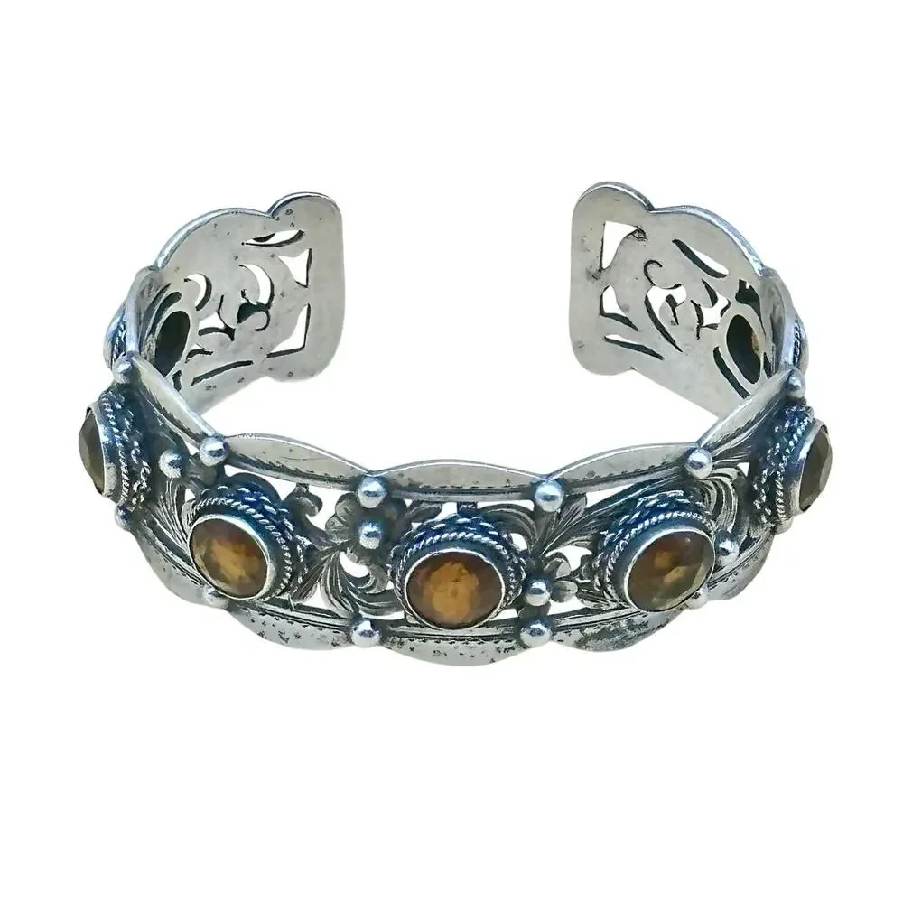 Peruzzi Florence 800 Silver Citrine Ornate Floral Motif Bracelet Cuff Vtg Signed